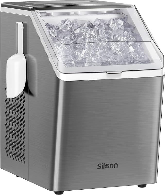 Silonn Ice Makers Countertop, 44lbs Per Day, 2 Ways to Add Water, Auto Self-Cleaning, Stainless Steel Ice Machine for Home Office Bar Party