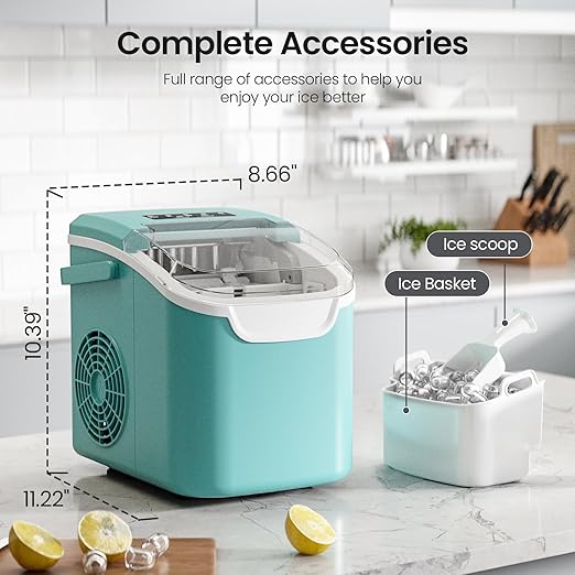 Kismile Ice Makers Countertop with Handle,8 Cubes in 6 Mins,Portable Ice Maker Machine with Self-Cleaning for Home/Office(Green)