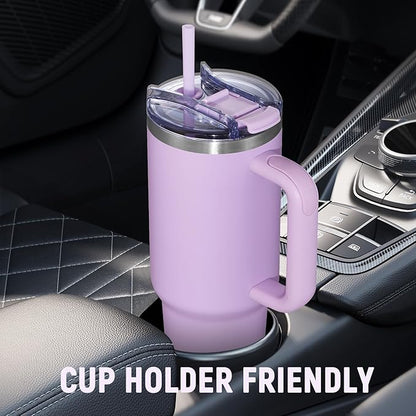 COKTIK 40 oz Tumbler With Handle and Straw Lid, Vacuum Insulated Travel Coffee Mug Stainless Steel Insulated Cup for Beverages, Leak-proof, Cupholder Friendly (Lavender)