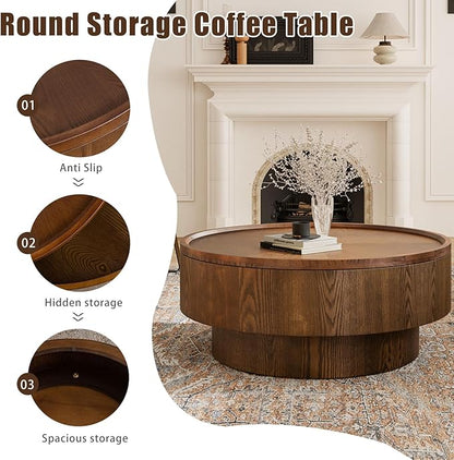 Storage Coffee Table, Handcraft Round Coffee Table with Hidden Storage Removable Top, Modern Solid Wood Veneered Circle Center Table with Sturdy Pedestal for Living Room 、Easy Assembly