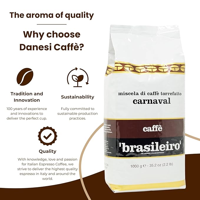 Danesi Caffe Italian Whole Coffee Beans - Espresso Coffee Beans and Medium Roast Whole Bean - Perfect for Espresso Machines, French Press, and Home Brewing - Brasileiro (2.2 lb)