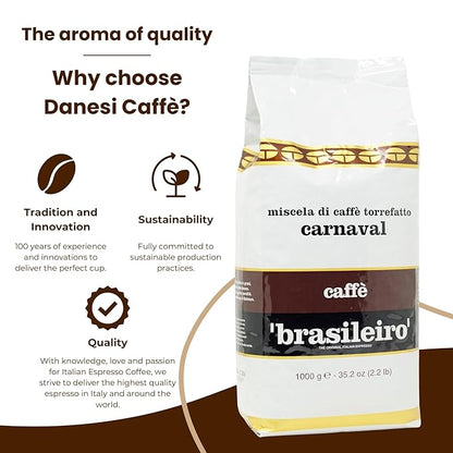 Danesi Caffe Italian Whole Coffee Beans - Espresso Coffee Beans and Medium Roast Whole Bean - Perfect for Espresso Machines, French Press, and Home Brewing - Brasileiro (2.2 lb)