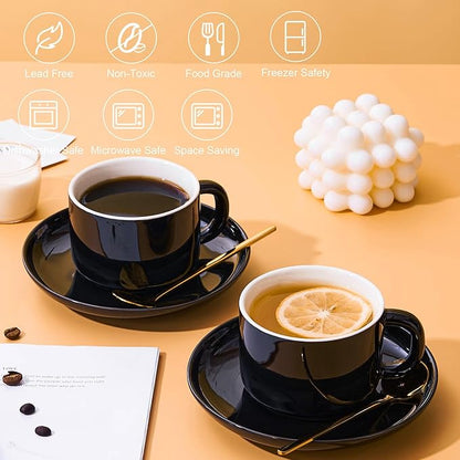 7 oz Coffee Cups with Saucers Spoons - Set of 6 Cappuccino Cups, Black Porcelain Cups Serving for Tea Espresso Latte Mocha