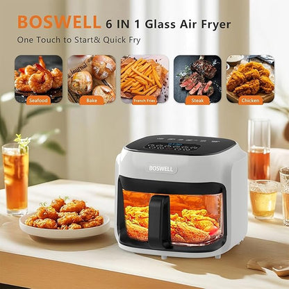 BOSWELL Glass Air Fryer, 7.5QT with Transparent Fry Bowl, Circulating Heating, Temperature Control, Air Fryer Roast, Dishwasher Safe (white)