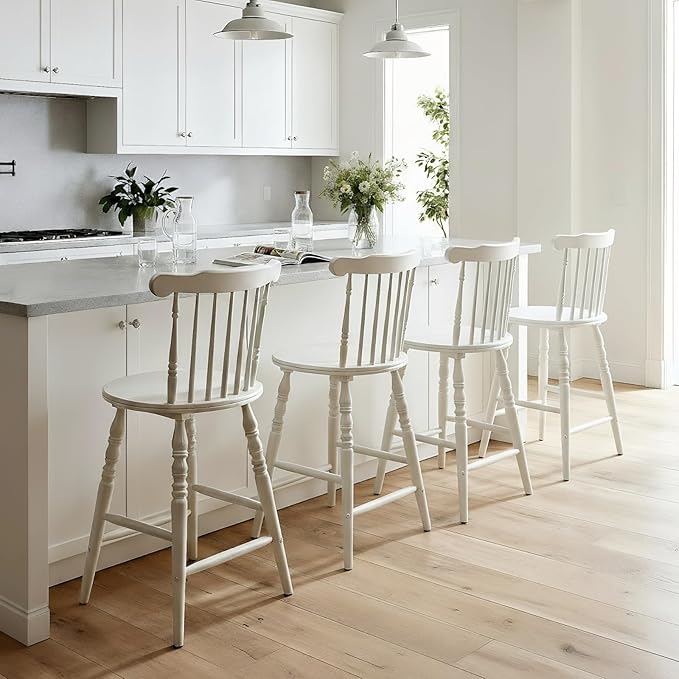 chairus 24" White Windsor Counter Height Bar Stools Set of 4, Farmhouse Wooden Counter Stools with Spindle Back & Turned Legs, Rustic Vintage Colonial Bar Chairs for Kitchen Island
