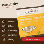 Load image into Gallery viewer, Coulée EcoPour She Devil Coffee, Single Serve Pour Over Arabic Coffee, Medium Roast, Use for Camping or Traveling, Pre Filled Compostable Filters, Ready to Brew with Hot Water, 10 Pack