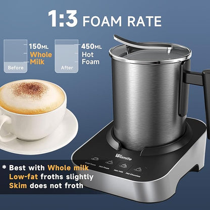Wamife Electric Milk Frother and Steamer for Coffee with Milk Frother Cup (700ml/23.6oz,Milk 150ml) 4-in-1 Milk Foamer Hot Chocolate Maker,Hot & Cold Foam Maker,Heated Milk,Dishwasher Safe with Whisk