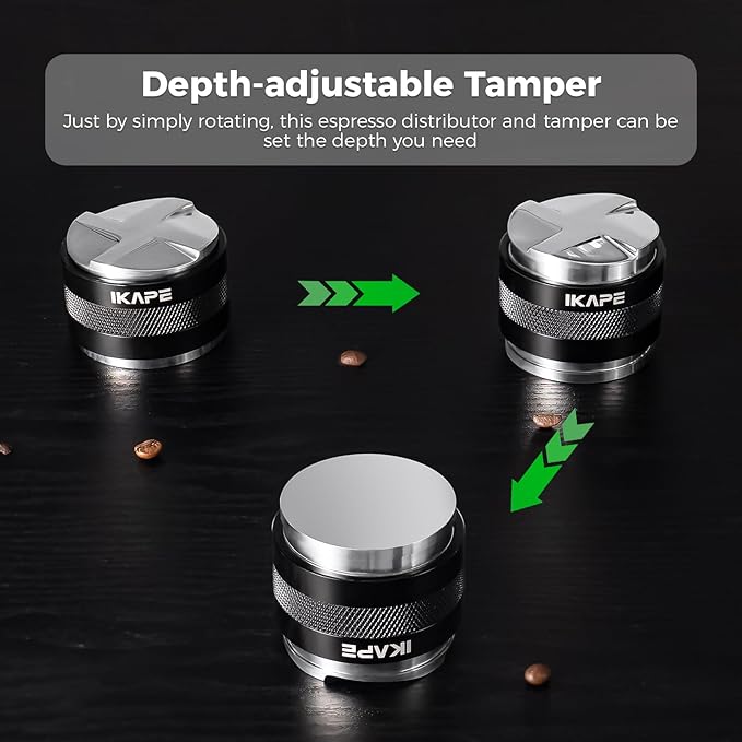 IKAPE Coffee Products, 51mm Coffee Distributor & Hand Tamper, Adjustable Depth Espresso Distributor Fits All 51mm Espresso Portafilter, Compatible with Delonghi Bottomless Portafilter (Black)