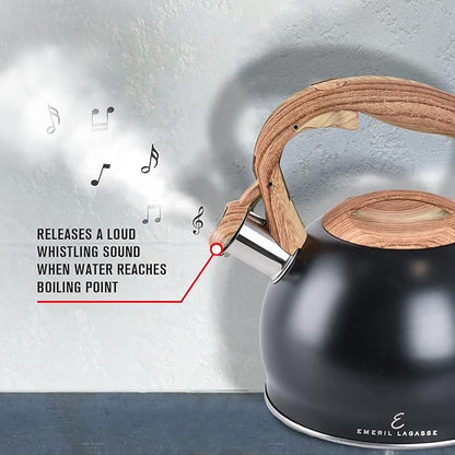 Emeril Lagasse 3.2 Quart/3 Liter Whistling Tea Kettle, Stainless Steel Whistling Tea Pot for Induction Stove Top, Fast to Boil Water for Home Kitchen Condo, with Wood Handle, Black