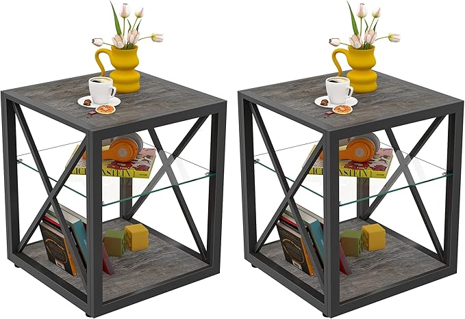 Modern End Table Set of 2 for Living Room 17.7" Bedroom Nightstand, Tempered Glass Shelf & Rustic Wood MDF Top Square Side Tables 2 Pack, Industrial Grey