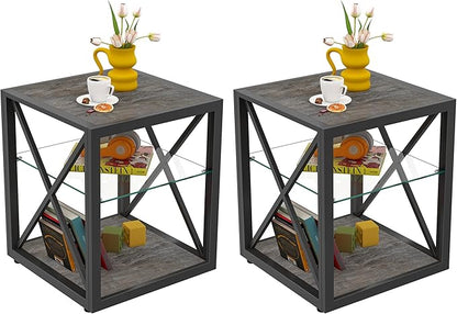 Modern End Table Set of 2 for Living Room 17.7" Bedroom Nightstand, Tempered Glass Shelf & Rustic Wood MDF Top Square Side Tables 2 Pack, Industrial Grey