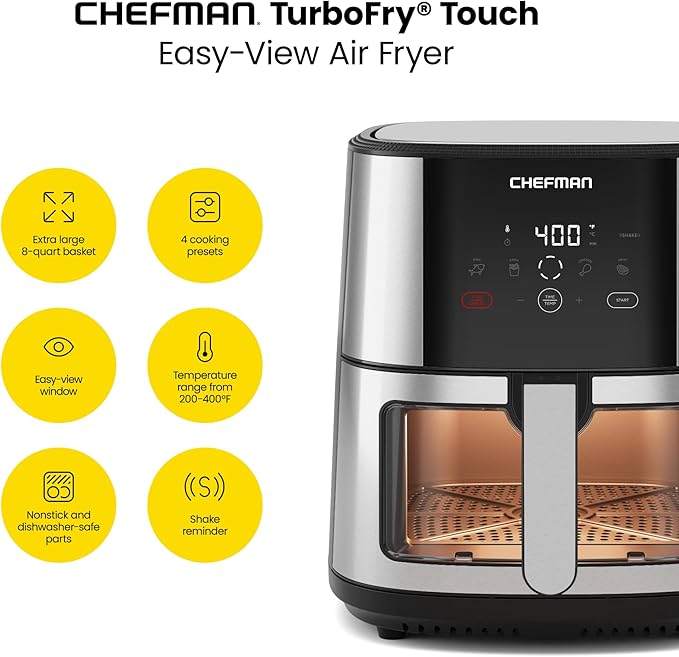 CHEFMAN Easy-View Air Fryer – 8 Qt Family Size with Viewing Window, One-Touch Digital Control with 4 Presets, Nonstick & Dishwasher Safe, Broil, Roast, Dehydrate, Bake, Auto-Shutoff, Stainless Steel