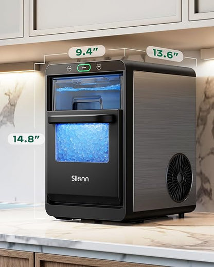 Silonn Nugget Ice Maker Countertop, Crushed Ice Maker & Pebble Ice Machine Produces 44lbs/24h with Front Pull-Out Water Tank & Removable Basket for Home/Kitchen, Stainless Steel