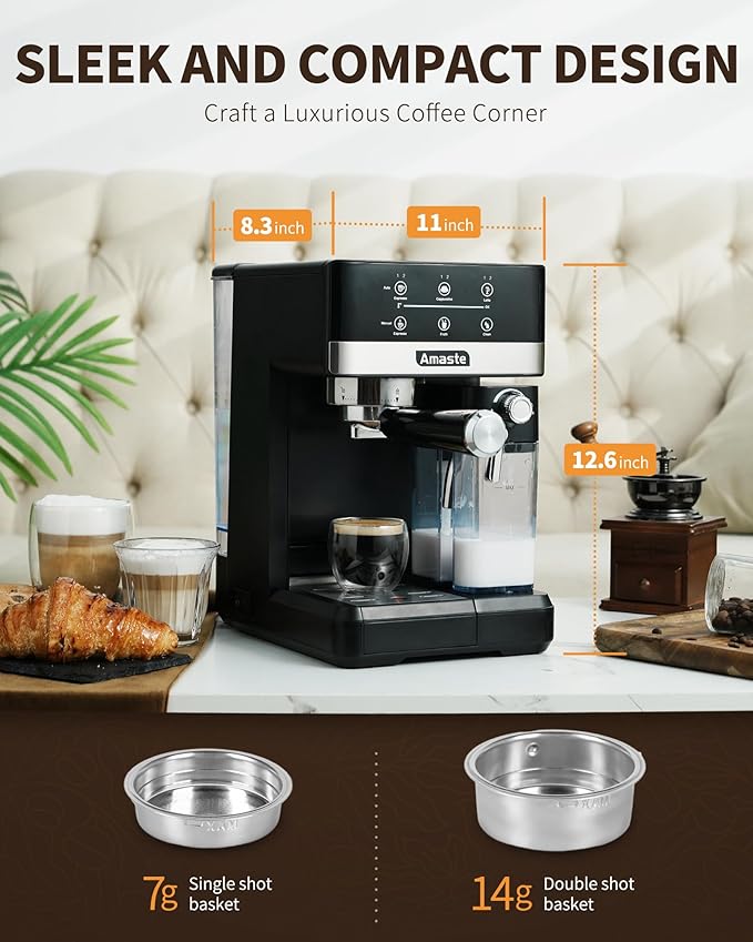 Amaste Espresso Machine, 20 Bar Cappuccino Machine With Touch Screen, Espresso Machine with Milk Frother for Home, 3-in-1 Latte Machine With Milk Tank for Espresso, Cappuccinos & Lattes, 1350W