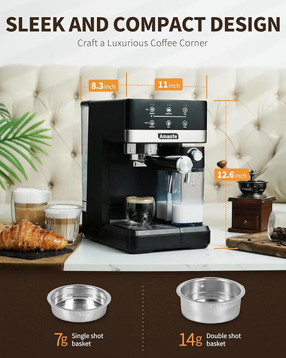Amaste Espresso Machine, 20 Bar Cappuccino Machine With Touch Screen, Espresso Machine with Milk Frother for Home, 3-in-1 Latte Machine With Milk Tank for Espresso, Cappuccinos & Lattes, 1350W