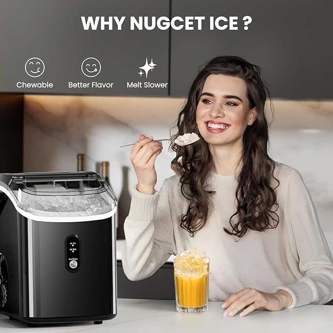 Nugget Ice Makers Countertop - Soft Chewable Pellet Ice, 35Lbs/24Hrs, Easy Operation, Pebble Ice Maker Machine with Self-Cleaning, Pellet Ice Machine with Ice Basket & Scoop for Home/Bar/Party, Black