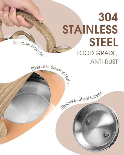 Tea Kettle Stovetop, 2.1 Quart Stove Top Whistling Tea Kettle, Teapot Kettles with Food Grade Stainless Steel and Wood Pattern Folding Handle, Suitable for All Heat Sources