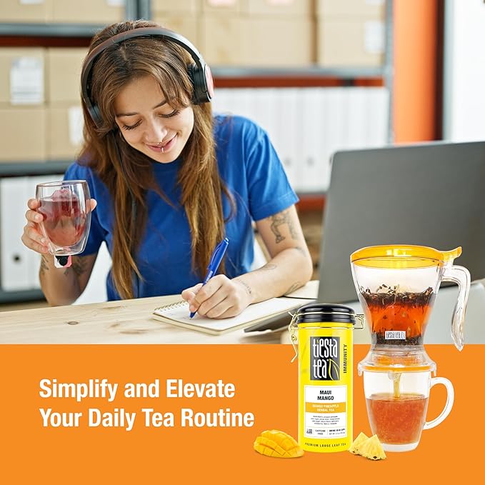 Tiesta Tea - Maui Mango Tin & Infuser Starter Set, Loose Leaf, Premium Herbal Blend, Non-Caffeinated Hot & Iced, 6oz Refillable Tin and 16oz Brewmaster Coffee Bottom Dispensing Tea Infuser