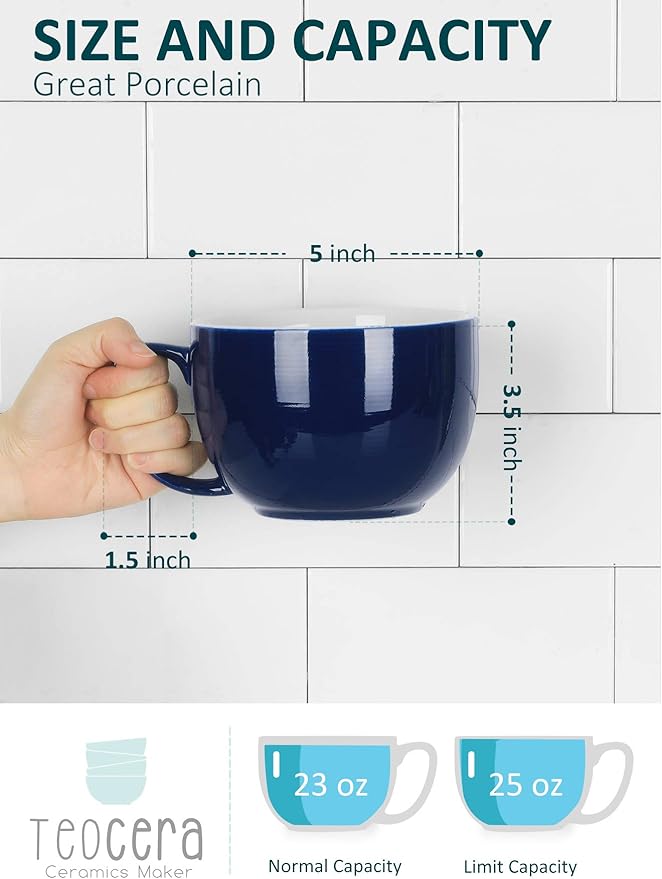 Teocera Porcelain Coffee Mugs, Soup Mugs Bowls with Handle, 24 oz Latte Mugs Set of 4 - Striped Design, Navy