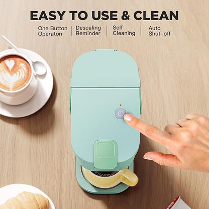 Single Serve One Cup Coffee Maker, for K Cups and Grounds, Mini Coffee Maker with Portable Handle, 6 to 12 Oz Brew Size, for Travel, Camping, Office, RV and Dorm, 120V, Oasis
