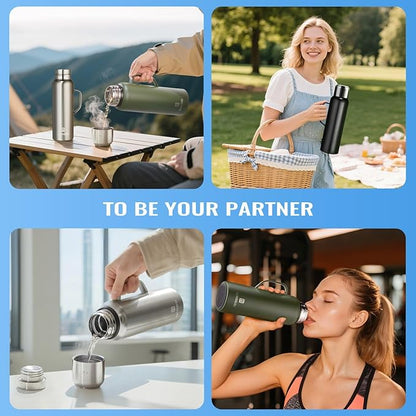 Insulated Vacuum Thermo Bottle 750ml/25.4oz with Cup Stainless Steel Coffee Bottles for Hot and Cold Drink Water Flask.(Green, with Handle, 750ml)