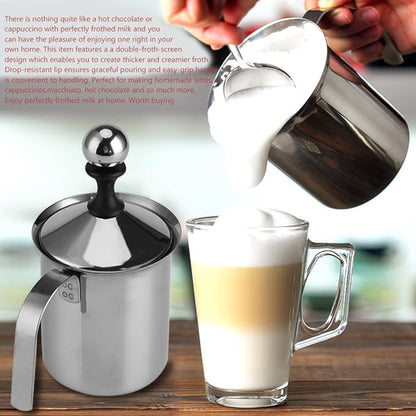 Stainless Steel Hand Foamer,Double-Layer Manual Milk Frother Double Mesh Coffee Cappuccin for Kitchen(400ml)
