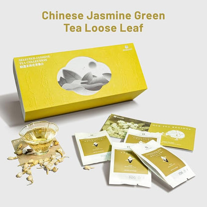 iTeaworld Jasmine Green Tea Loose Leaf Samplers Set, With Different Flowery Aromas, No Sweetener, Sweet After Taste, 4 Different Grades of Jasmine Tea Loose Leaf, 16 Pack/56g
