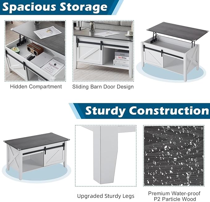 VINGLI White Charcoal Lift Top Coffee Table, 36" Small Farmhouse Barn Door Coffee Table with Storage, Rectangular Center Wood Coffe Table with Lifting Top, Living Room Tables with Hidden Compartment
