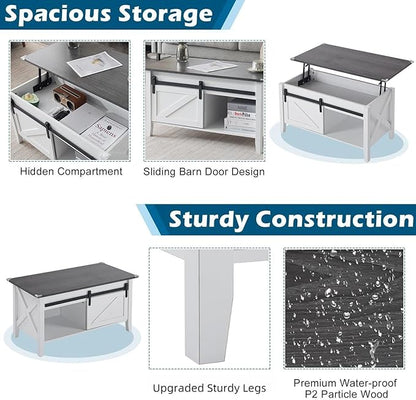 VINGLI White Charcoal Lift Top Coffee Table, 36" Small Farmhouse Barn Door Coffee Table with Storage, Rectangular Center Wood Coffe Table with Lifting Top, Living Room Tables with Hidden Compartment