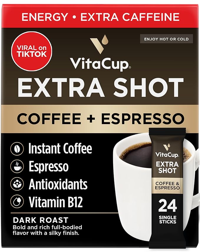VitaCup Extra Shot Instant Coffee Packets with Espresso Shot, “Red Eye” High Caffeine, Bold Dark Roast w/Vitamin B12, Antioxidants, Premium Instant Coffee in Single Serve Sticks, 24 Ct