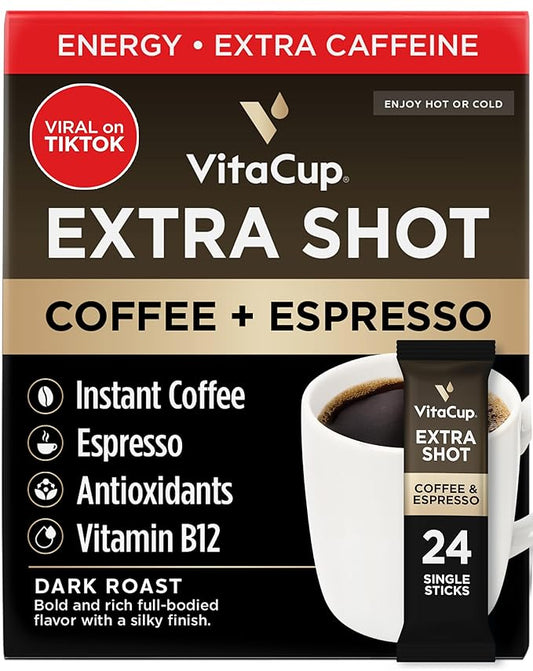 VitaCup Extra Shot Instant Coffee Packets with Espresso Shot, “Red Eye” High Caffeine, Bold Dark Roast w/Vitamin B12, Antioxidants, Premium Instant Coffee in Single Serve Sticks, 24 Ct
