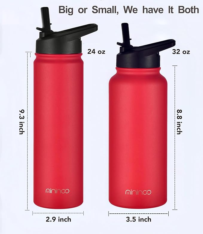 mininoo 24 oz Insulated Water Bottle with Straw Lid, Stainless Steel Double Wall Vacuum, Leak Proof, BPA Free, Keep Cold for 24H & Hot for 12H(Red)