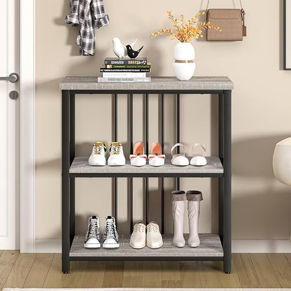 FOLUBAN 3 Tier Bookshelf, Short Bookcase for Small Space, Modern Wooden and Metal Book Shelf for Living Room Bedroom Office (Light Grey Oak)