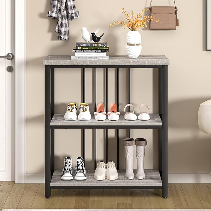 FOLUBAN 3 Tier Bookshelf, Short Bookcase for Small Space, Modern Wooden and Metal Book Shelf for Living Room Bedroom Office (Light Grey Oak)