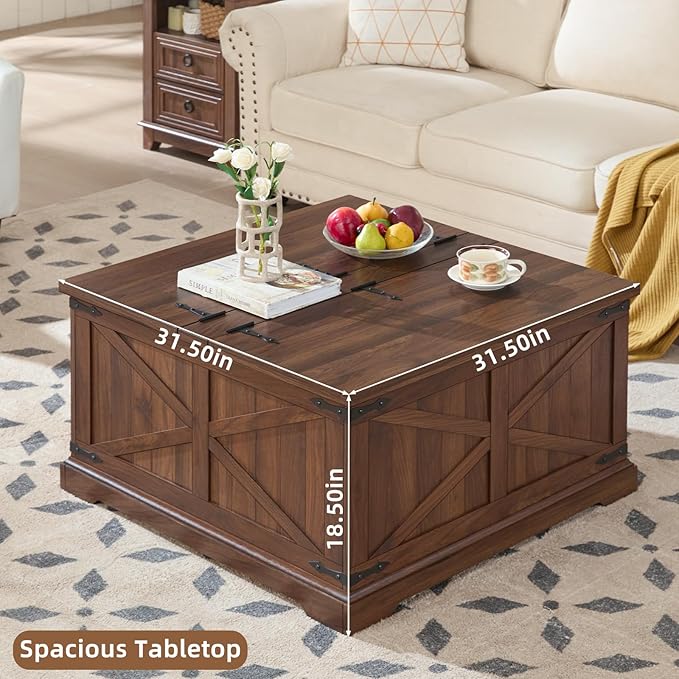 Farmhouse Coffee Table with Large Hidden Storage Compartment, Brown Retro Square Center Table, Wood Rustic Low Modern Living Room Tables with Hinged Lift Brown Top & Wooden Arc Base