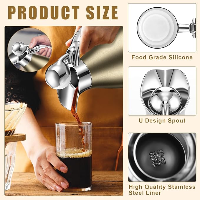 Uiifan 2 Pcs 68 oz Thermal Coffee Carafe Insulated Stainless Steel Coffee Carafe for Hot Liquids Vacuum Thermal Pot Creamer Dispenser with Brushes Keeping Hot Tea Milk Water(Champaign Gold)