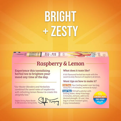 Twinings Raspberry & Lemon Herbal Tea Individually Wrapped Bags, 20 Count (Pack of 6), Fruity & Zesty, Naturally Caffeine-Free, Enjoy Hot or Iced, 120 Teabags