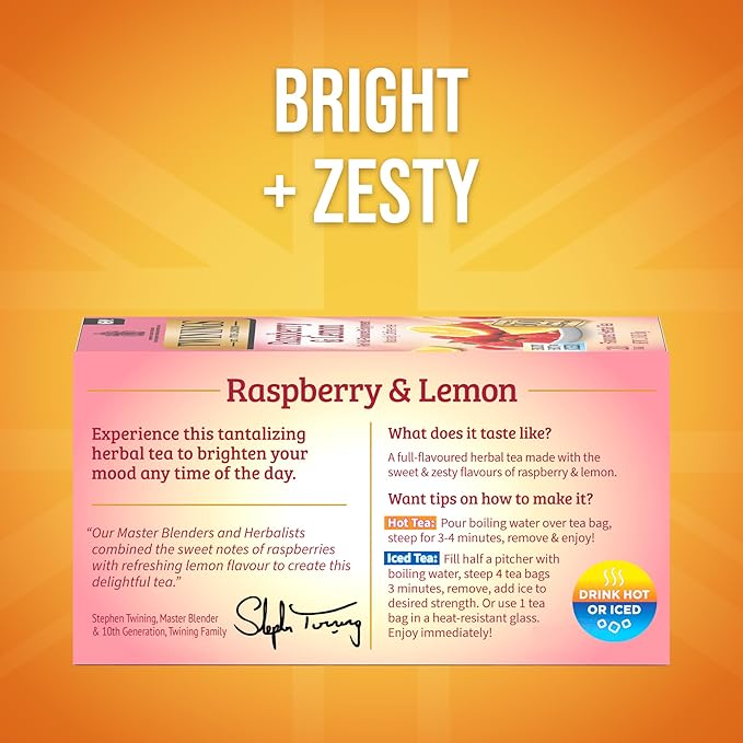 Twinings Raspberry & Lemon Herbal Tea Individually Wrapped Bags, 20 Count (Pack of 1), Unsweetened, Refreshing & Fruity, Naturally Caffeine-Free, Enjoy Hot or Iced, 20 Teabags