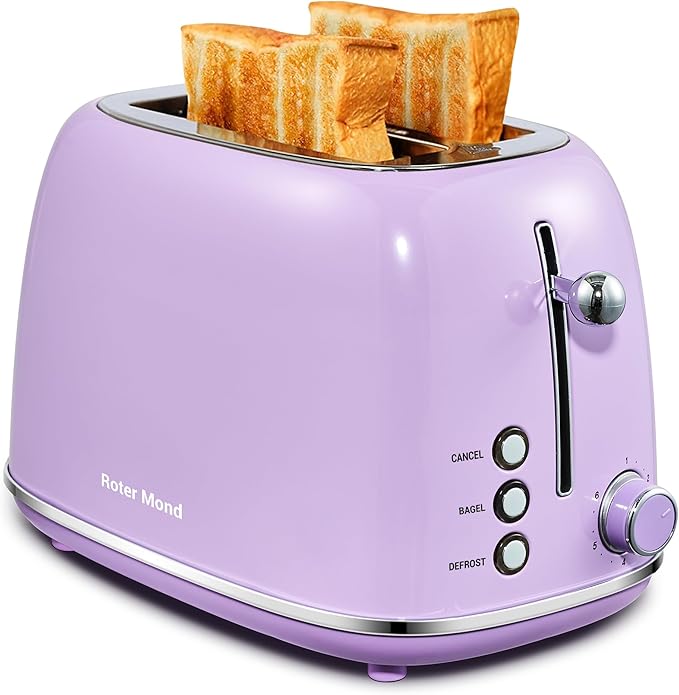 Roter Mond 2 Slice Toaster Retro Stainless Steel with Bagel, Cancel, and Defrost Functions, 6 Bread Shade Settings, Extra Wide Slots and Removable Crumb Tray, Lavender-Purple