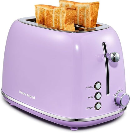 Roter Mond 2 Slice Toaster Retro Stainless Steel with Bagel, Cancel, and Defrost Functions, 6 Bread Shade Settings, Extra Wide Slots and Removable Crumb Tray, Lavender-Purple