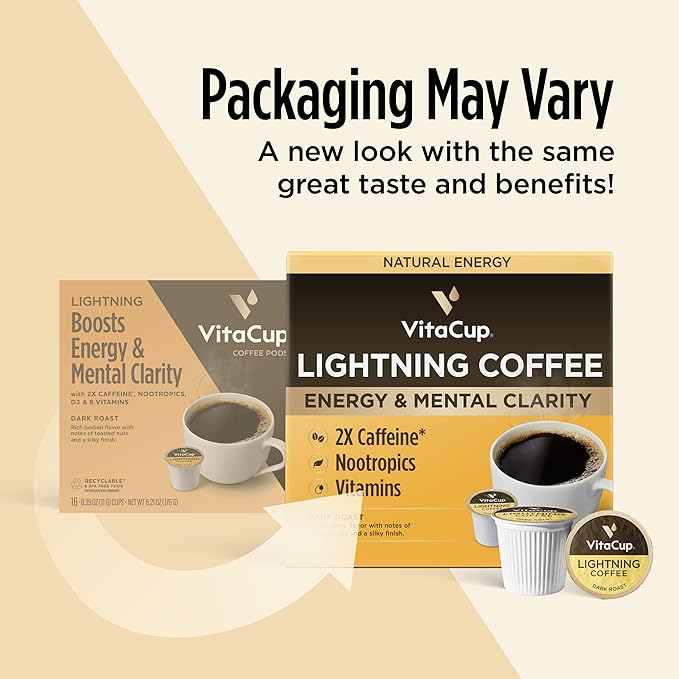 VitaCup Lightning Coffee Pods, for Focus w/ 2X Caffeine, Green Coffee Bean, B Vit, D3, Strong Dark Roast Arabica Beans, Single Serve Pod Compatible with Keurig K-Cup Brewers, 64 Ct (4 Pack of 16 ct)