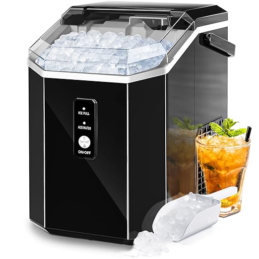 AGLUCKY Nugget Ice Maker Countertop, Portable Crushed Ice Maker Machine with Handle, 35lbs/24H, One-Click Operation, Self Cleaning Ice Machine for Home/Kitchen/Office(Black)