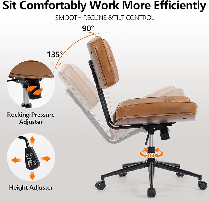 Armless Office Chair with Wheels, Adjustable Height Desk Chair Leather Swivel Computer Chair, Modern Walnut Office Side Chair for Meeting Room Office, Brown