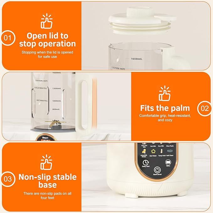 Beyn 60oz Nut Milk Maker Machine with 48-Leaf Titanium Blades，10-in-1 Automatic Plant-Based Milk Maker for Homemade Oat, Soy, Almond, Juice & More，Temp Hold, Delay Start, Boil &Auto Clean