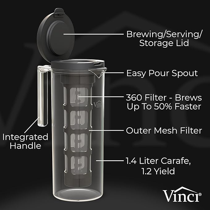 VINCI Cold Brew 360, 1.4L Cold Brew Coffee Maker Featuring Patented Dual Filter 360 Brewing Technology, Cold Brew Pitcher for Iced Coffee