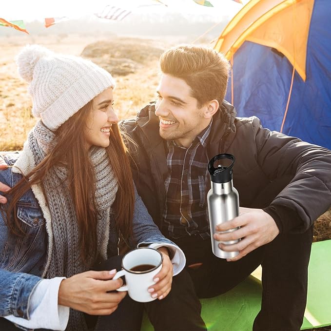 Volhoply 17oz Kids Insulated Water Bottle,Stainless Steel Water Bottles with Straw Lid,Reusable Metal Cups Water Bottle,Double Wall Vacuum Sport Water Flask Keep Cold for School,Child(Silver,1 Set)