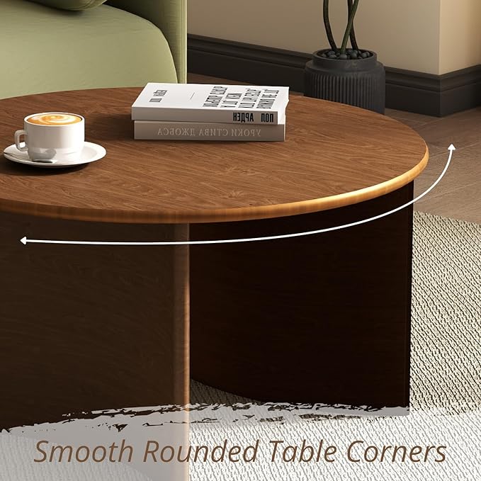 31.5″ Round Coffee Table, Walnut Circle Coffee Table with Curved Base, Solid Wood, Ideal for Living Room, Apartment, Compact Place