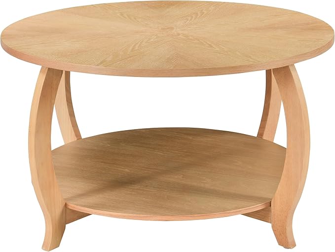 32.3” Round Coffee Table with Storage Shelf, Classic Living Room Tables with Oak Wood Veneer Tabletop, Cocktail Tea Table- with Curved Leg, 220 LBS Capacity, Easy Assembly Natural KFZ-D10040-LT