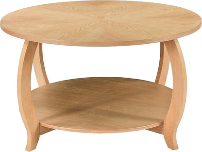 32.3” Round Coffee Table with Storage Shelf, Classic Living Room Tables with Oak Wood Veneer Tabletop, Cocktail Tea Table- with Curved Leg, 220 LBS Capacity, Easy Assembly Natural KFZ-D10040-LT