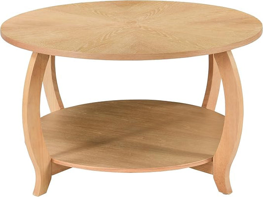 32.3” Round Coffee Table with Storage Shelf, Classic Living Room Tables with Oak Wood Veneer Tabletop, Cocktail Tea Table- with Curved Leg, 220 LBS Capacity, Easy Assembly Natural KFZ-D10040-LT